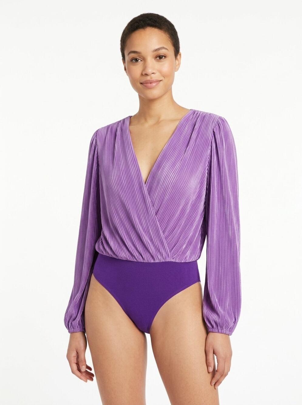 Tcec Purple Pleated V-Neck Long Sleeve Wrap Bodysuit Women Size L